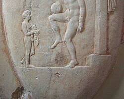 OutsidersPersp's tweet photo. In ancient Greece, Episkyros involved two teams of 12–14 players trying to force the opposing team backward across a rear boundary line.

Athletes balanced, threw, and kicked a stitched leather ball (follis). This famous 4th-century BCE Attic funerary stele from Athens captures an athlete deftly balancing a ball on his thigh—a depiction so iconic it is featured on the UEFA European Championship trophy relief today.
#ancienthistory #sportshistory #Greekhistory