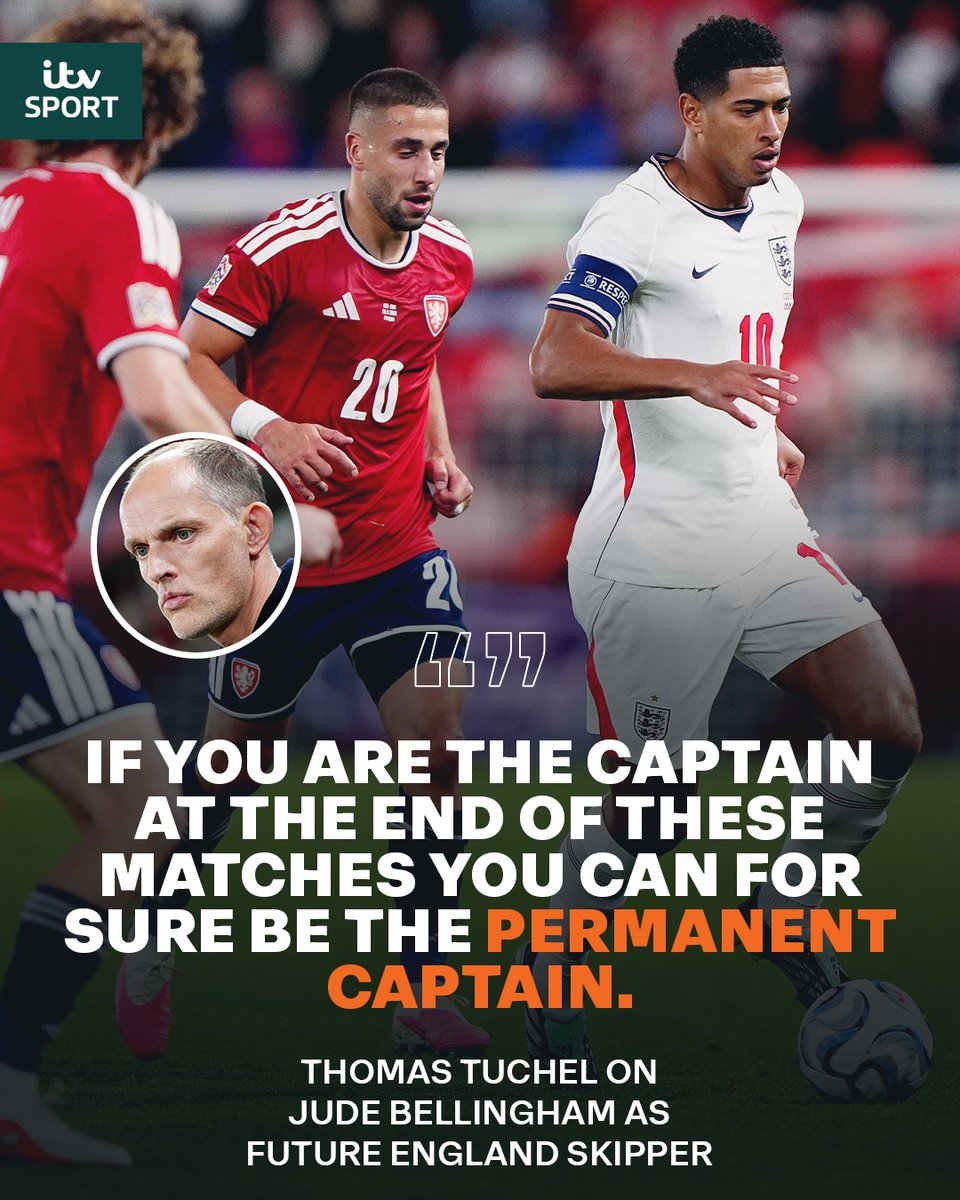 itvfootball's tweet photo. Jude Bellingham next England captain? 😏🏴󠁧󠁢󠁥󠁮󠁧󠁿

Thomas Tuchel seems to think so 🦁

#ITVFootball https://t.co/w90mdeB9Xx