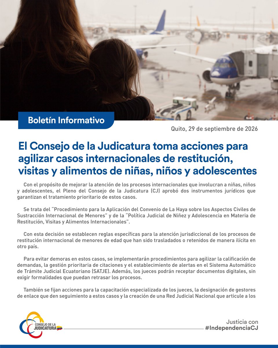 CJudicaturaEc's tweet photo. 📰 | #BoletínCJ

El Pleno del Consejo de la Judicatura aprobó dos instrumentos jurídicos para agilizar la atención de casos internacionales de restitución, visitas y alimentos de niñas, niños y adolescentes.

Con esta decisión se establecerán procedimientos prioritarios, alertas para el seguimiento de estos casos y capacitación especializada para garantizar una atención oportuna.

🔗 Conoce más: https://t.co/EeT4XD92dy

#JusticiaConIndependenciaCJ ⚖️