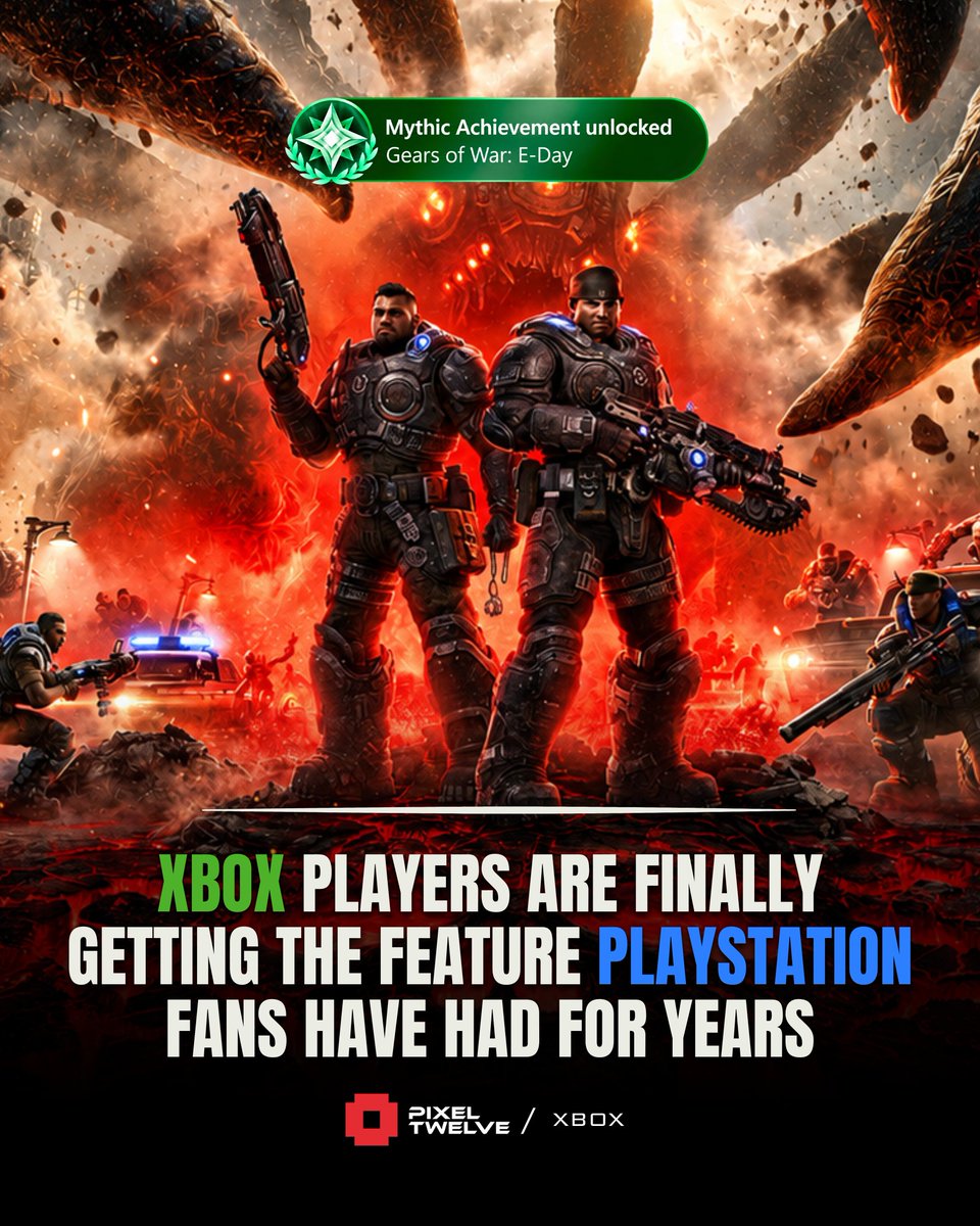 pixeltwelve's tweet photo. Xbox has revealed its new Mythic Achievement, awarded for completing every original achievement in a game. 

Gears of War: E-Day is being used to show it off.   PlayStation has had Platinum Trophies for years. 

Is Xbox late to the party, or is Mythic actually better? https://t.co/YyClrp8Wxc