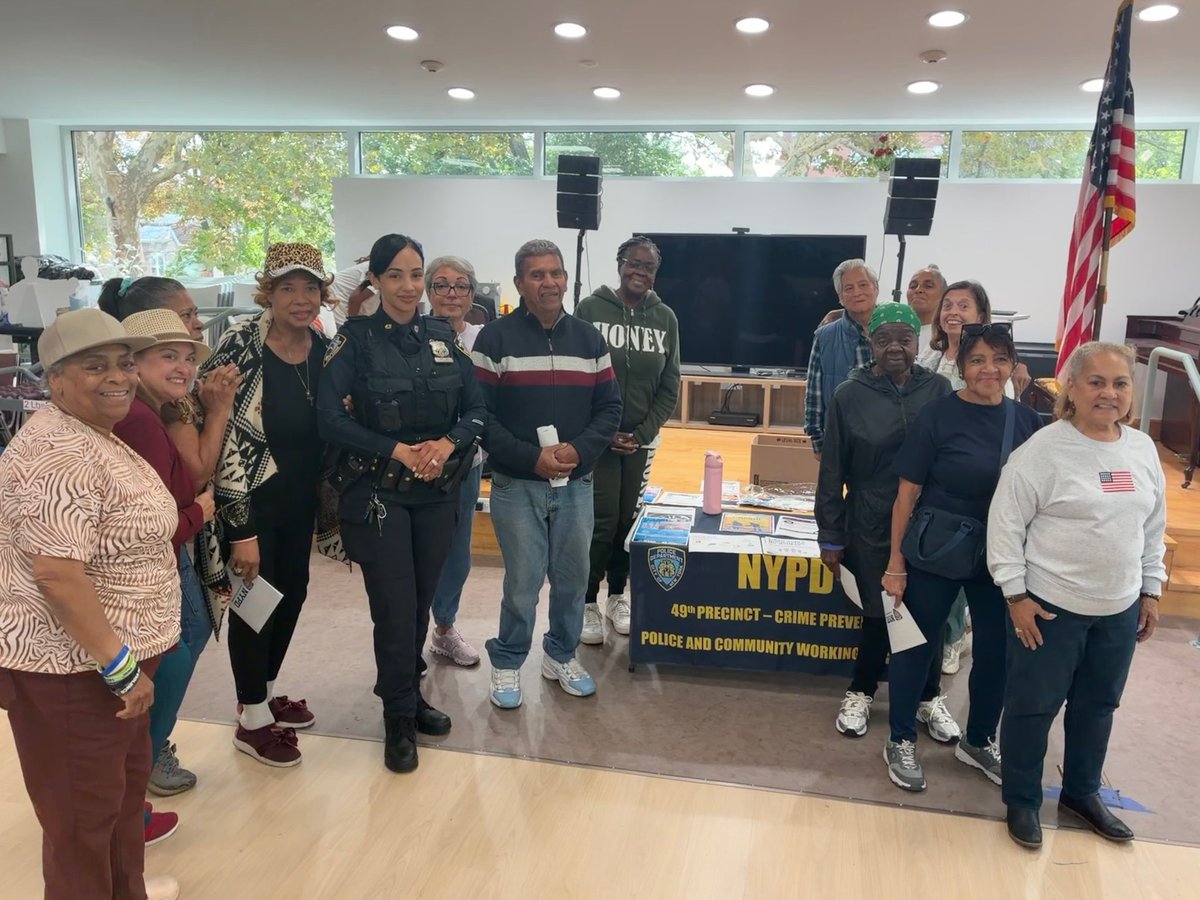 NYPD49Pct's tweet photo. Community Outreach
Our Crime Prevention Officer joined seniors at the R.A.I.N. Senior Center on Boston Road for a conversation focused on staying safe in the community.
Topics included scam awareness and pedestrian safety, along with helpful tips to promote safety and awareness. https://t.co/xD51yZzfDJ