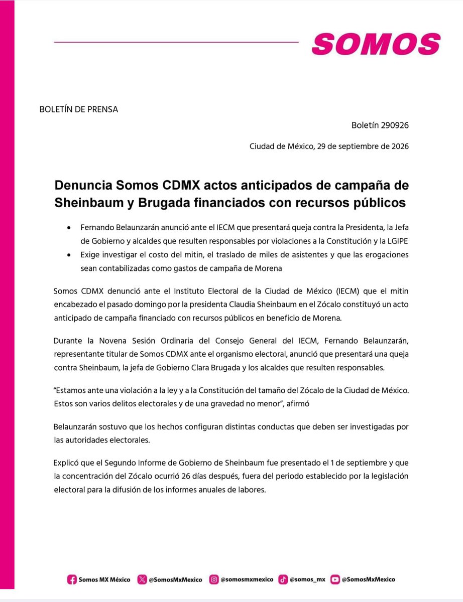 ferbelaunzaran's tweet photo. En la sesión del IECM anunciamos que SOMOS (@SomosMxMexico) presentará queja por actos anticipados de campaña y desviación de recursos públicos contra Sheinbaum y Brugada por el evento del Zócalo.

Clara violación al 134 constitucional y 242 de la Legipe👇. https://t.co/UoG0IgV4ZO