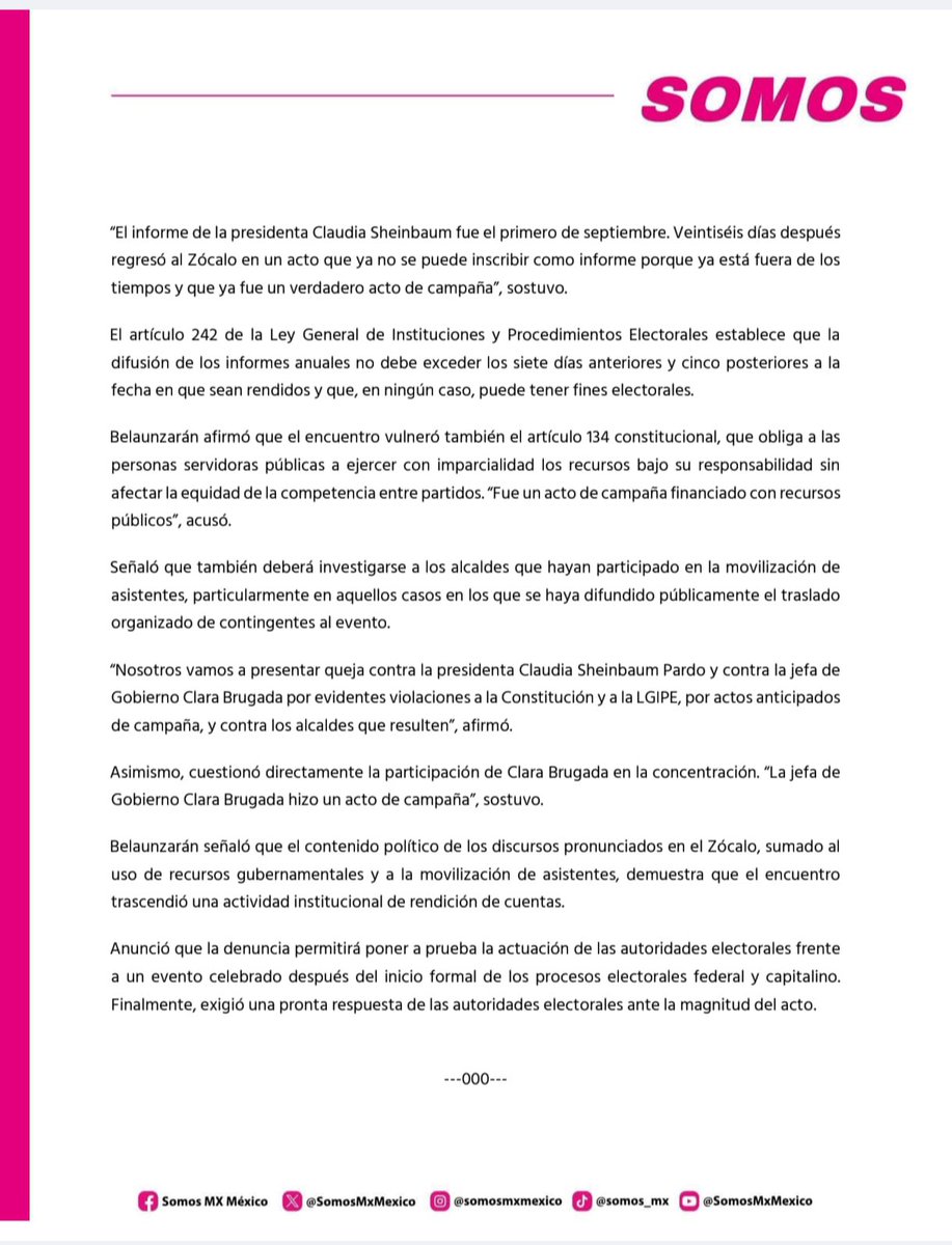 ferbelaunzaran's tweet photo. En la sesión del IECM anunciamos que SOMOS (@SomosMxMexico) presentará queja por actos anticipados de campaña y desviación de recursos públicos contra Sheinbaum y Brugada por el evento del Zócalo.

Clara violación al 134 constitucional y 242 de la Legipe👇. https://t.co/UoG0IgV4ZO