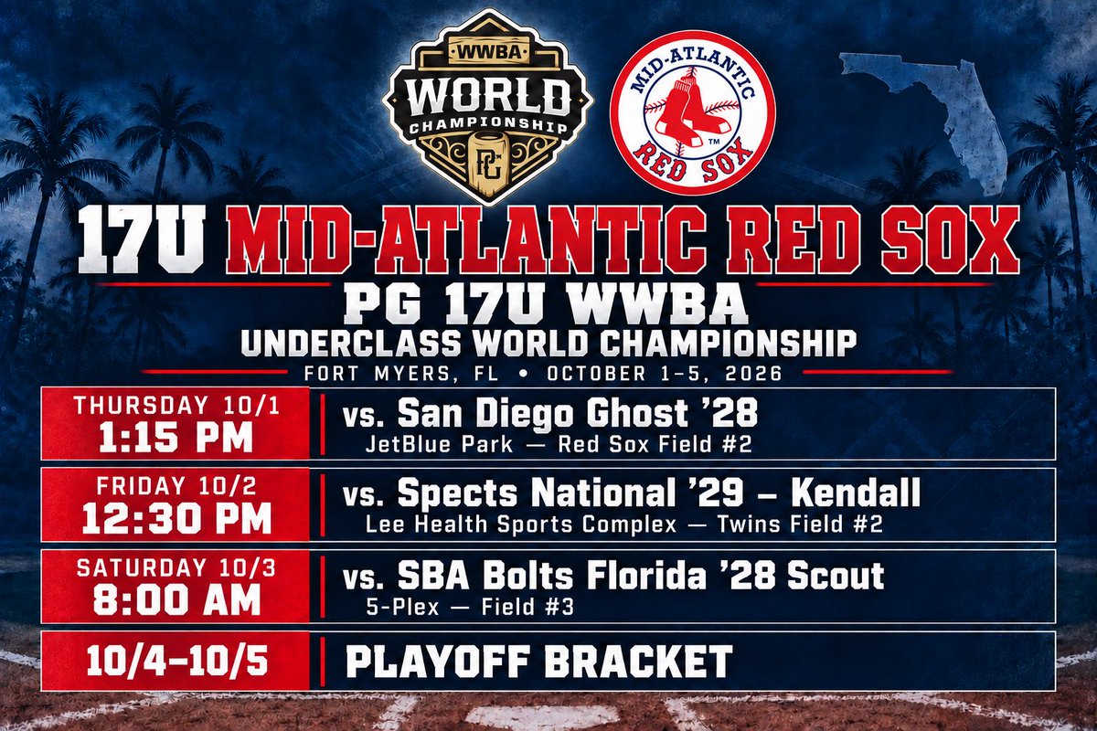 13LandonMyers's tweet photo. Team schedule for the PG 17U WWBA Underclass World Championship with @MARedSox ! 🌴⚾️

A lot of talent from top to bottom on this squad. Coaches, come check us out! Excited to compete with these guys.

I’ll be wearing #12.
 
@FlatgroundBats @FlatgroundApp | #WWBA #Uncommitted2028 #BaseballRecruiting