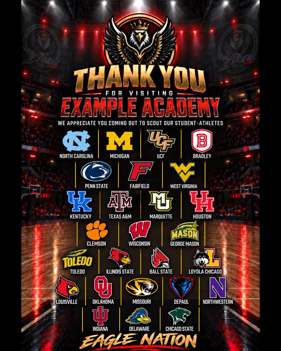 example_academy's tweet photo. Thank you to the staffs from Indiana University, the University of Delaware and Chicago State University for stopping by to watch our open gym. We appreciate you all! 🦅 #AcademyBusiness https://t.co/GHSWZn8YAM