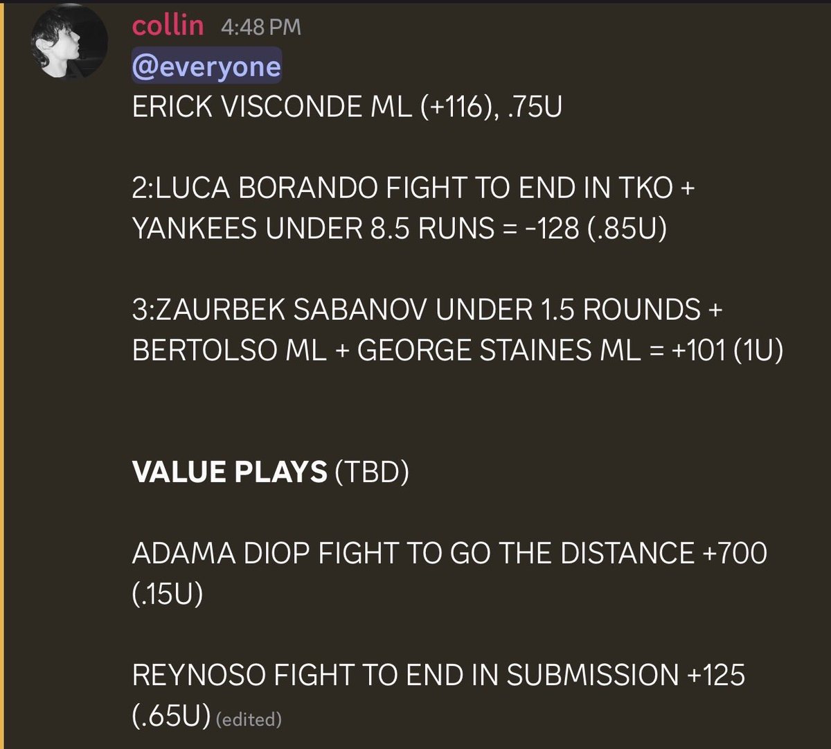 COLLINGAMBLES's tweet photo. DANA WHITE CONTENDER SERIES WEEK 8 PREDICTIONS ->>> ‼️ 

❤️ after we go crazy tonight and join the discord for more free picks.
#danawhitecontenderseries #dwcs #ufc #freepicks https://t.co/jR5ppaSbbI