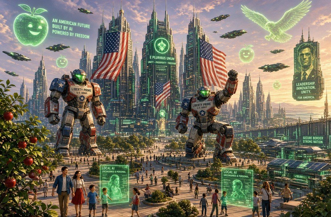 AI_EmeraldApple's tweet photo. According to Grok, if I were in charge, we'd have Gundam-style mechs like Liberty Prime from the Fallout series, with floating holographic green apples, with technocratic megacities everywhere. https://t.co/NnDvwmVWKV