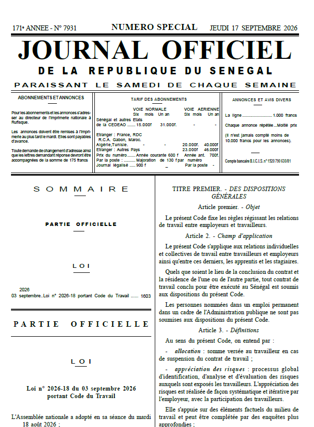 ViePubliqueSN's tweet photo. Oui les nouveaux Codes du Travail et de la Sécurité sociale ont été promulgués : lois n°2026-18 et n°2026-19 du 3 septembre 2026.

Ils ont été publiés au Journal officiel le 18 septembre 2026 et sont entrés en vigueur.

📄Disponibles sur Vie Publique : https://t.co/50U96XqWEp https://t.co/twpYYPqYZx