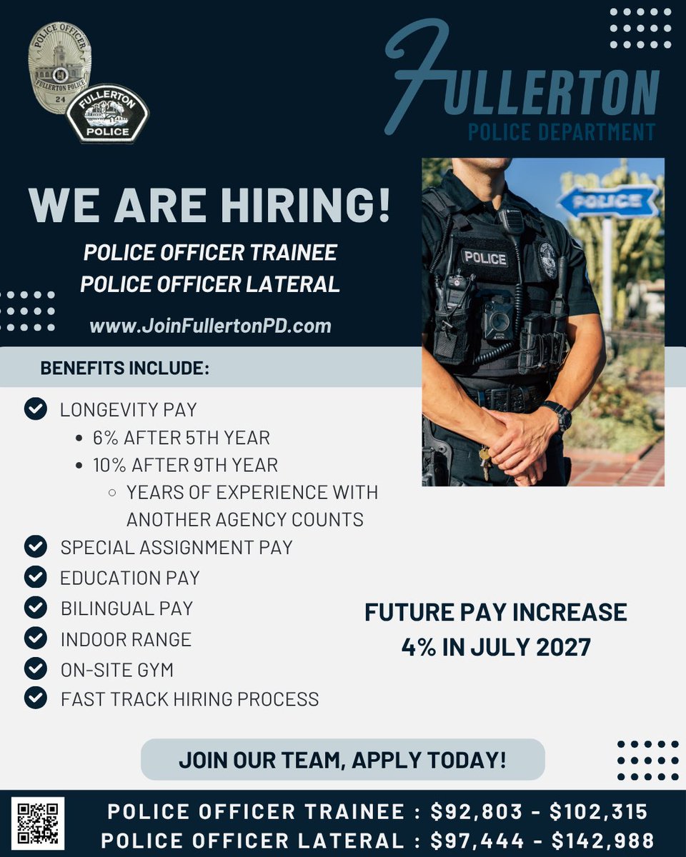 FPDPIO's tweet photo. 🚓 We’re Hiring! 🚓

The Fullerton Police Department is now accepting applications for Lateral Police Officers and Police Officer Trainees.

Join our team and become a trusted partner in keeping Fullerton safe and thriving. 

👉 Apply today: https://t.co/ScyCMa1wkQ

#FullertonPDProud #JoinOurTeam #ApplyToday
