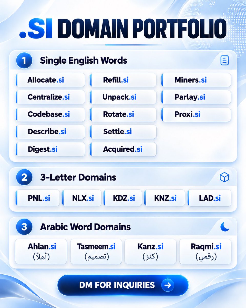alaayounes88's tweet photo. Premium .SI domains available 🚀
English words • 3-letter domains •
DM for inquiries & offers.
#Domains #DomainForSale #DomainNames #DomainInvesting #Domaining #DotSI #SuperIntelligence #SI #AI #ArtificialIntelligence #Tech #Startups #Branding #Web3 https://t.co/C3CrrPKASh