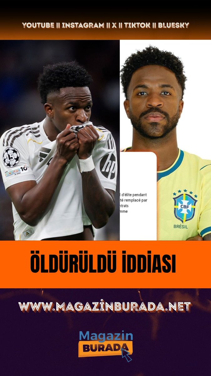 Magazin_Buradaa's tweet photo. İspanya'nın en büyük futbol kulübü Real Madrid'in Brezilyalı golcüsü Vinicius Junior'un öldürüldüğü iddia edildi. İddiayı asıl bomba yapan ise sadece bu da değil.

Vinicius Junior'un, CIA ve Rothschild ailesi tarafından kaçırıldığı öldürüldükten sonra yerine reklam anlaşmlarındaki taahhütlerinin yerine gelmesi için replikasının konulduğu İspanyol spor gazetesi Marca tarafından manşete taşındı.

Son dönemin en bomba iddiası olarak kayıtlara geçen olay ise şöyle gerçekleşti:

* Real Madrid yıldızı Vinicius Junior, CIA ve Rothschild ailesi tarafından öldürülüp yerine başka biri yerleştirildi.

* İddiaya göre Dünya Kupası'nın ardından Vinicius Junior öldürülüp yerine başkası koyulmuş olabilir.

* Bazı sosyal medya kullanıcıları, Vinicius Junior'un Dünya Kupası'ndaki halini Real Madrid'deki haliyle kıyasladıklarında bazı dövmelerin eksik olduğunu iddia ediyor.

* Brezilyalı medyum Vo Bahiana, Dünya Kupası sırasında uzaylıların geleceğini ve futbolcuları kaçıracağını iddia etmişti.

* Real Madrid, bu komplo teorilerini görmezden gelmeyi tercih ediyor.

#realmadrid #viniciusjunior #cia #rothschild #marca #brasil