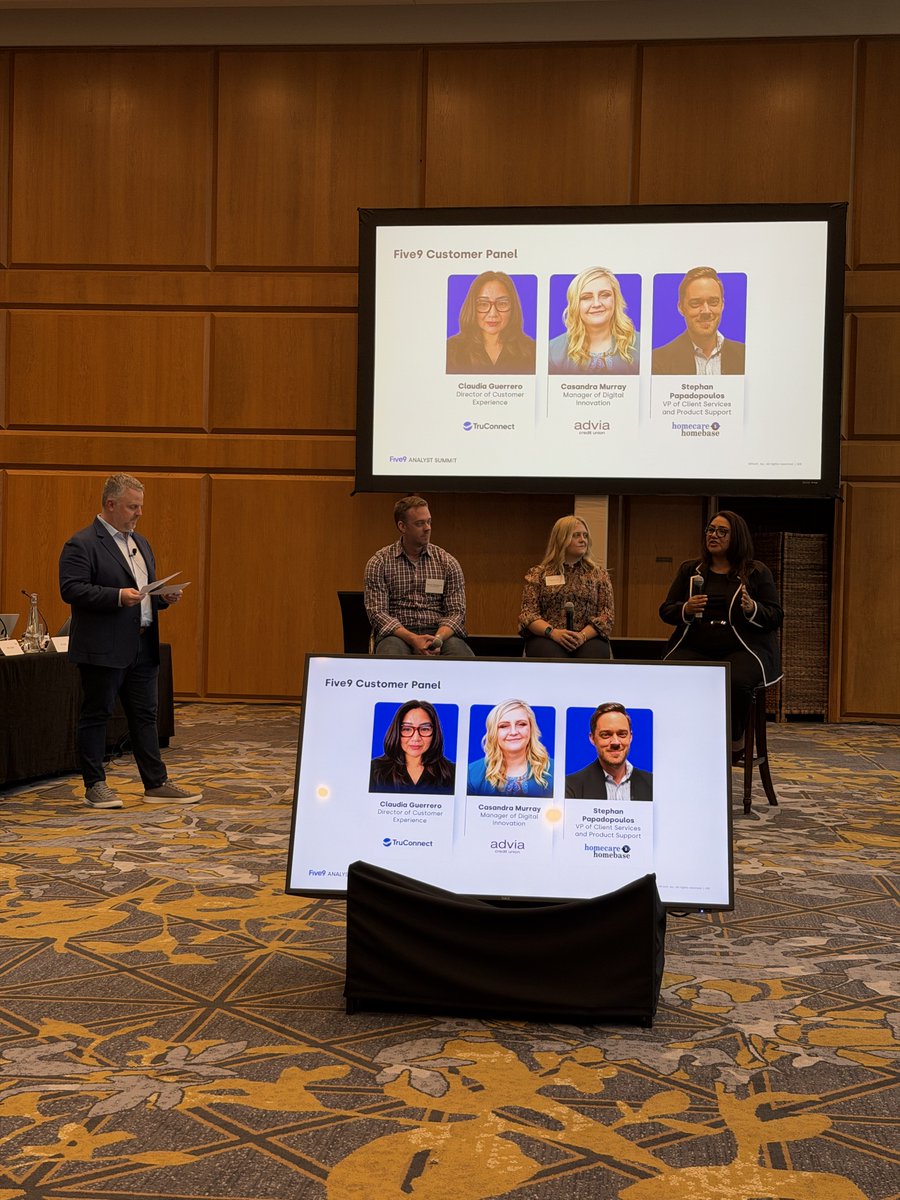 tcrawford's tweet photo. Next up... customer panel w/ @Truconnect, @AdviaCU and homecare homebase.
What draws them to @Five9 and continues to inspire them about Five9? Their partnership and showing up.
#CIO #CMO #CX #CCaaS #Five9AnalystSummit #CXNation https://t.co/5QyCFwYyk5