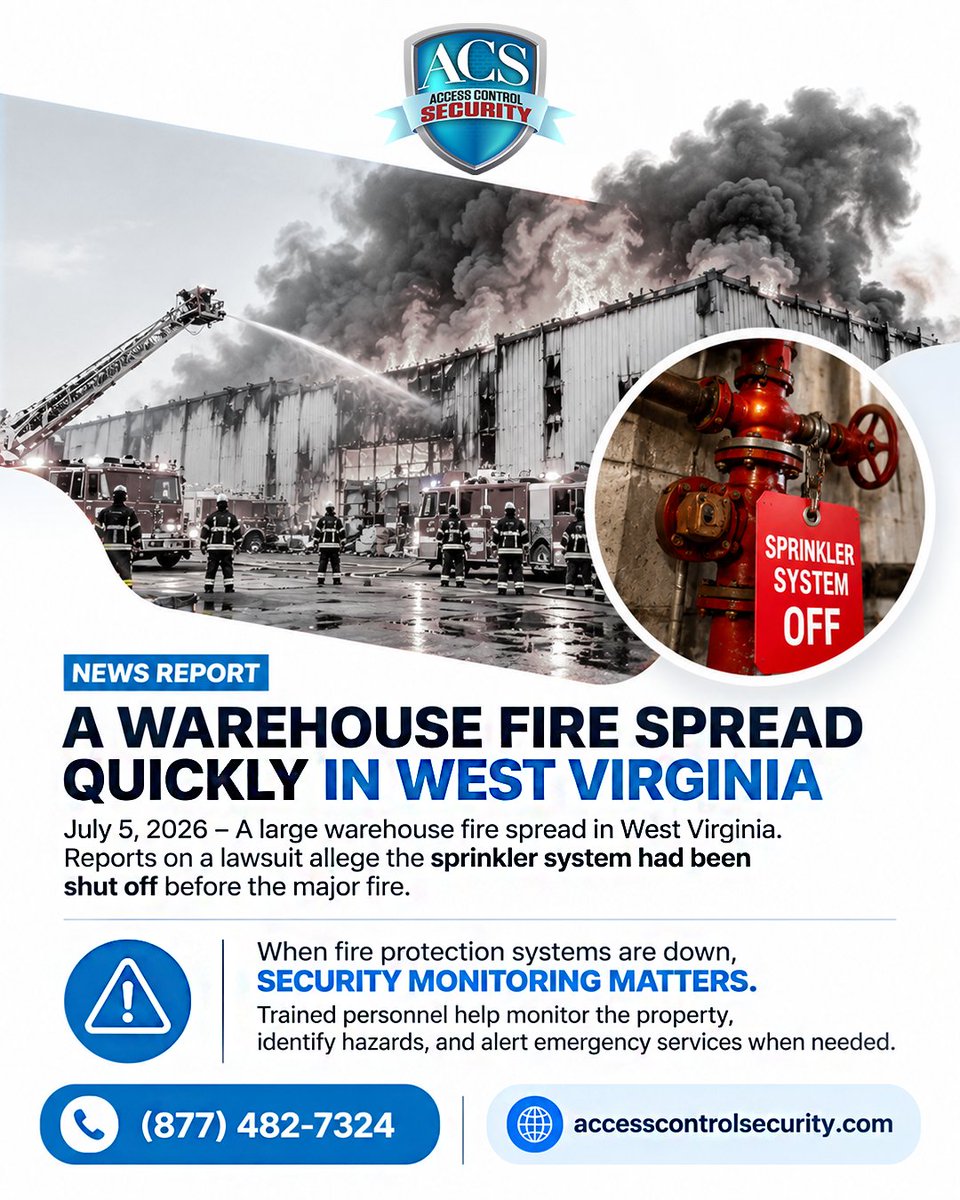 ACSguard's tweet photo. Who’s watching for fire hazards at your warehouse?

Ask ACS about fire watch coverage.

📞 (877) 482-7324
https://t.co/cF1Q8Owg5C
.
.
.
#FireWatch #WarehouseSecurity #FireSafety #PropertyManagement #ACS https://t.co/L9Lhsd3VOv