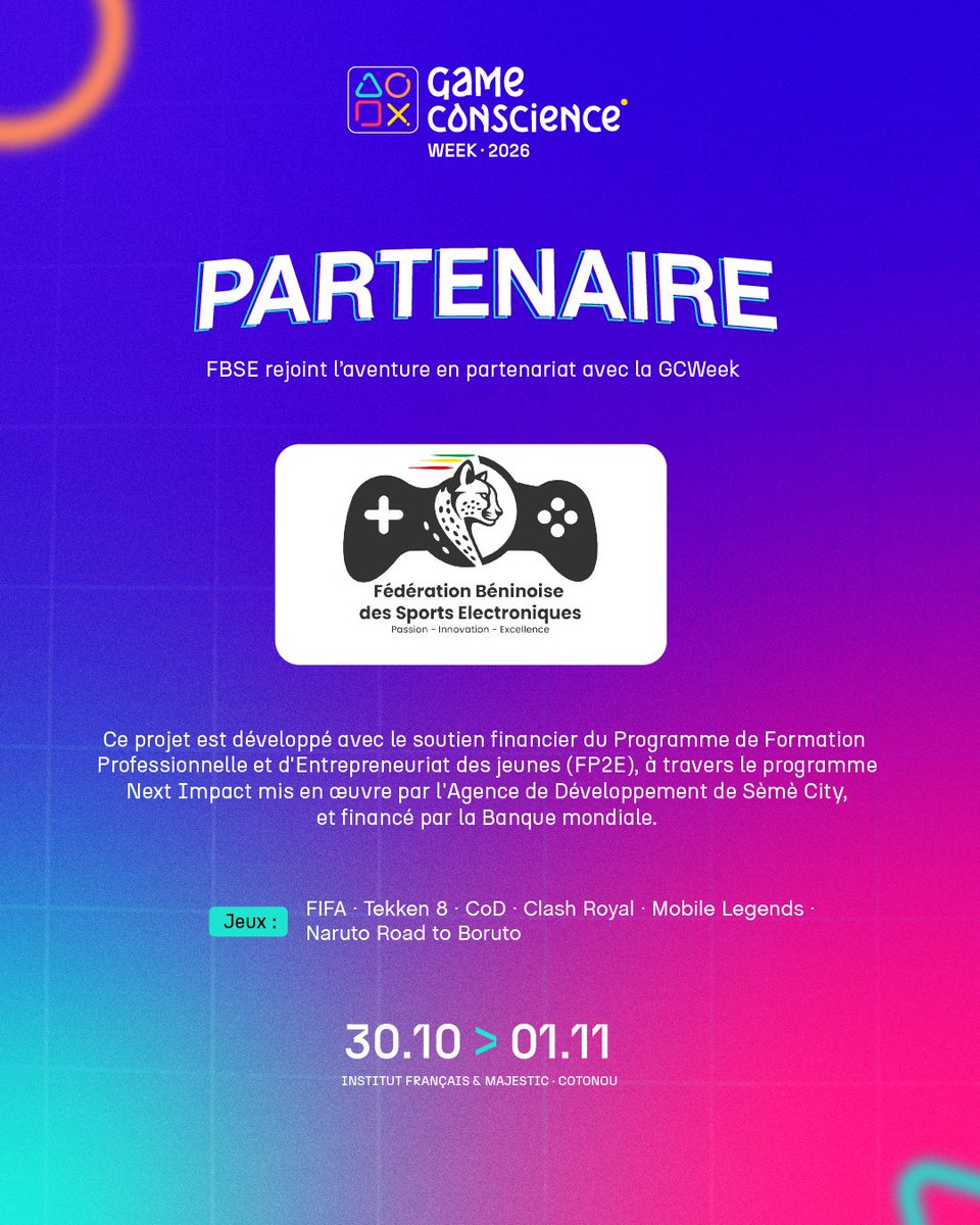 gcweekOff's tweet photo. Nous sommes heureux d'annoncer que la Fédération Béninoise des Sports Électroniques (FBSE) prendra part à la Game Conscience Week 2026 !
#GCW2026 #GameConscienceWeek #eSportBénin #GamingBénin https://t.co/Jzfe4avSf5