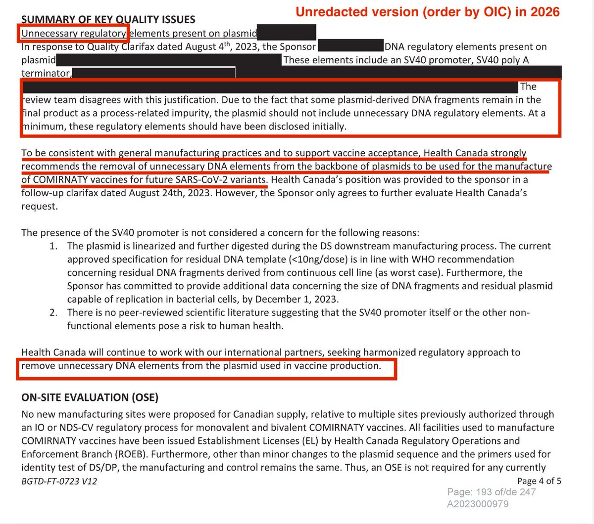 LionAdvocacy's tweet photo. So this is *really* not a good look. And disturbing.  Health Canada (HC) tried to keep hidden, under Sections 20(1)(b) and (c) of the Access to Information Act, the fact that Pfizer's SV40 DNA fragment "trade secret" in the C19💉 was "unnecessary"; and HC's order to remove it. https://t.co/SnvRvDTjFI