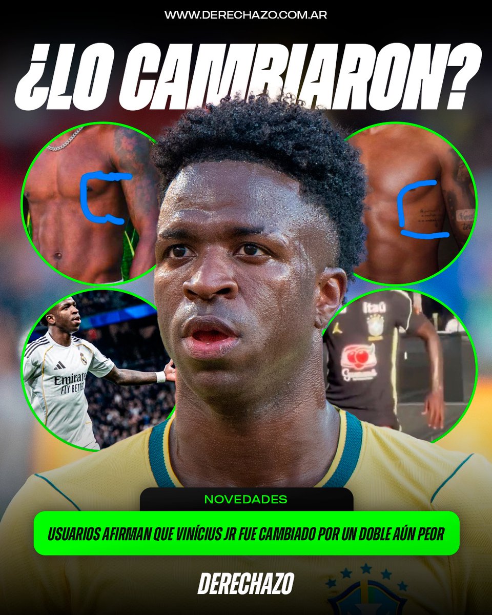 derechazoarg's tweet photo. 🇧🇷🚨 LO CAMBIARON POR UN DOBLE PEOR QUE ÉL: Usuarios afirman que Vinícius Jr no es el mismo que desafortunadamente conocíamos, que un doble está ocupando su lugar y que increíblemente juega peor que el original. https://t.co/jUoP0foECH