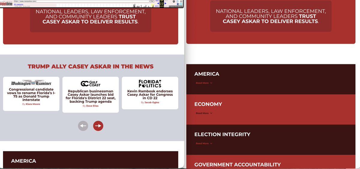 JasonBeeferman's tweet photo. Florida Republican @CaseyAskar appears to have removed another reference to Trump on his website -- this time, a section that refers to himself as a "Trump ally," and leads with Askar's plan to rename the I-75 after Trump. https://t.co/ECzXjsSryZ