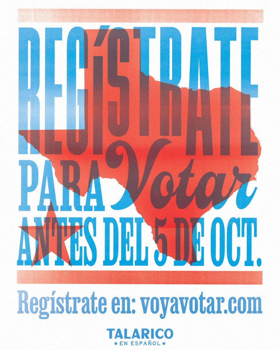 TalaricoEspanol's tweet photo. Texas, ¿ya tienes un plan para votar? Solo quedan seis días para registrar o actualizar tu registration para votar en esta elección.

Haz un plan para votar y comparte esta imagen con dos amigos para ayudarnos a construir el movimiento que necesitamos para recuperar Texas.

Regístrate para votar aquí: https://t.co/Z7pqWmC0TA