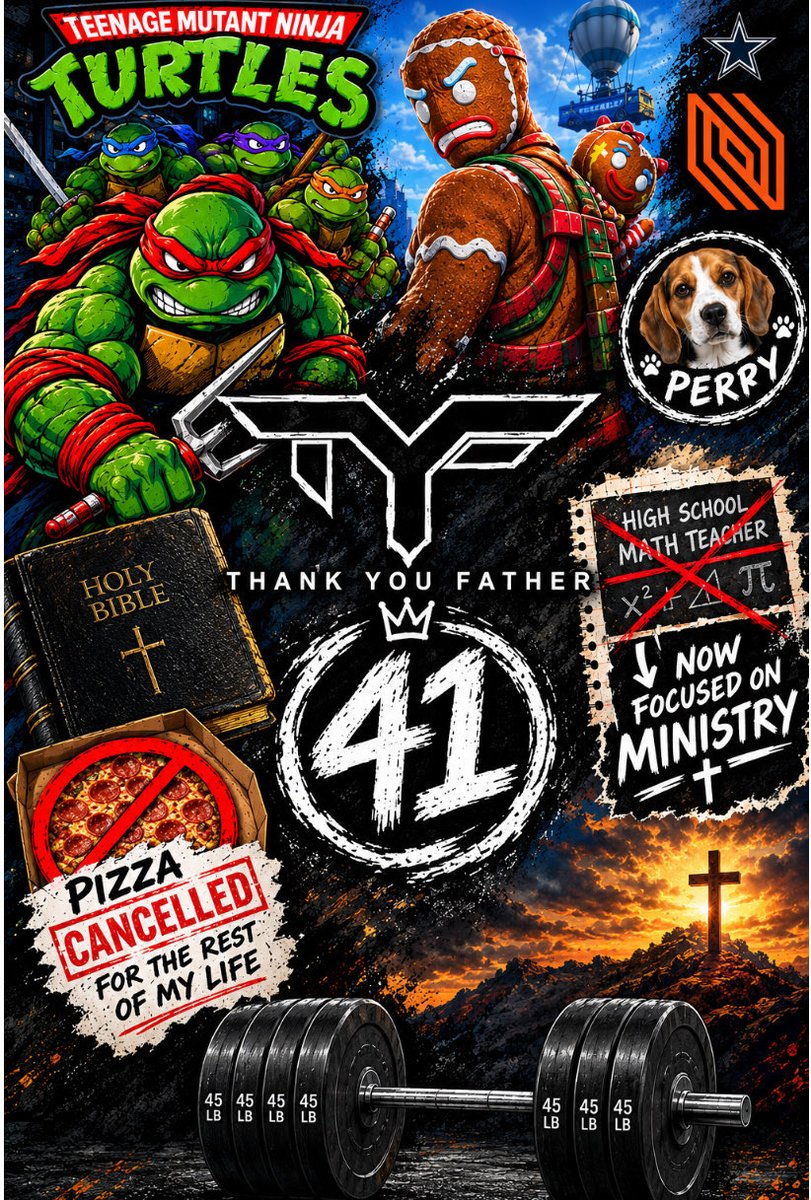 A vibrant collage features Teenage Mutant Ninja Turtles alongside a gingerbread turkey, a beagle labeled 'PERRY', a Holy Bible, a 'Pizza Cancelled' sign, dumbbells, and a 'Thank You Father' message with '41' in the center.