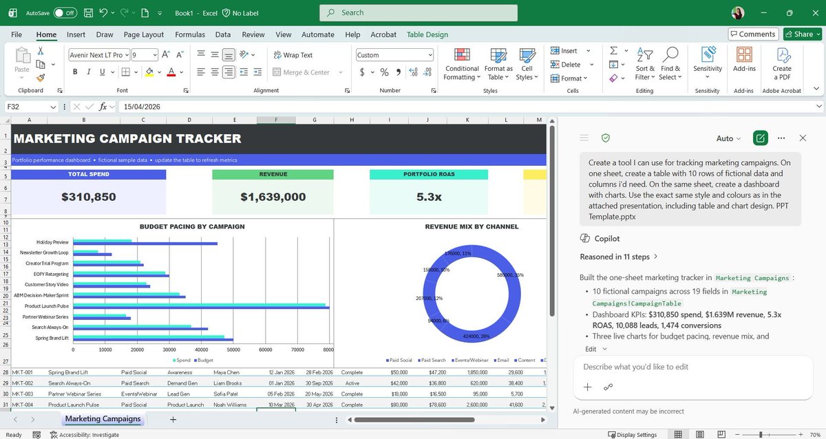 LearnCopilot's tweet photo. Most people attach files to Copilot for content.

Try attaching them for design.

If you attach a PowerPoint presentation that already contains your company's branding, Copilot can use it as a style reference when creating dashboards and reports in Excel.
E.g. 
"Create a tool I can use for tracking marketing campaigns. On one sheet, create a table with 10 rows of fictional data and columns I'd need. On the same sheet, create a dashboard with charts. Use the exact same style and colours as in the attached presentation, including table and chart design. [attach your PPT file]"