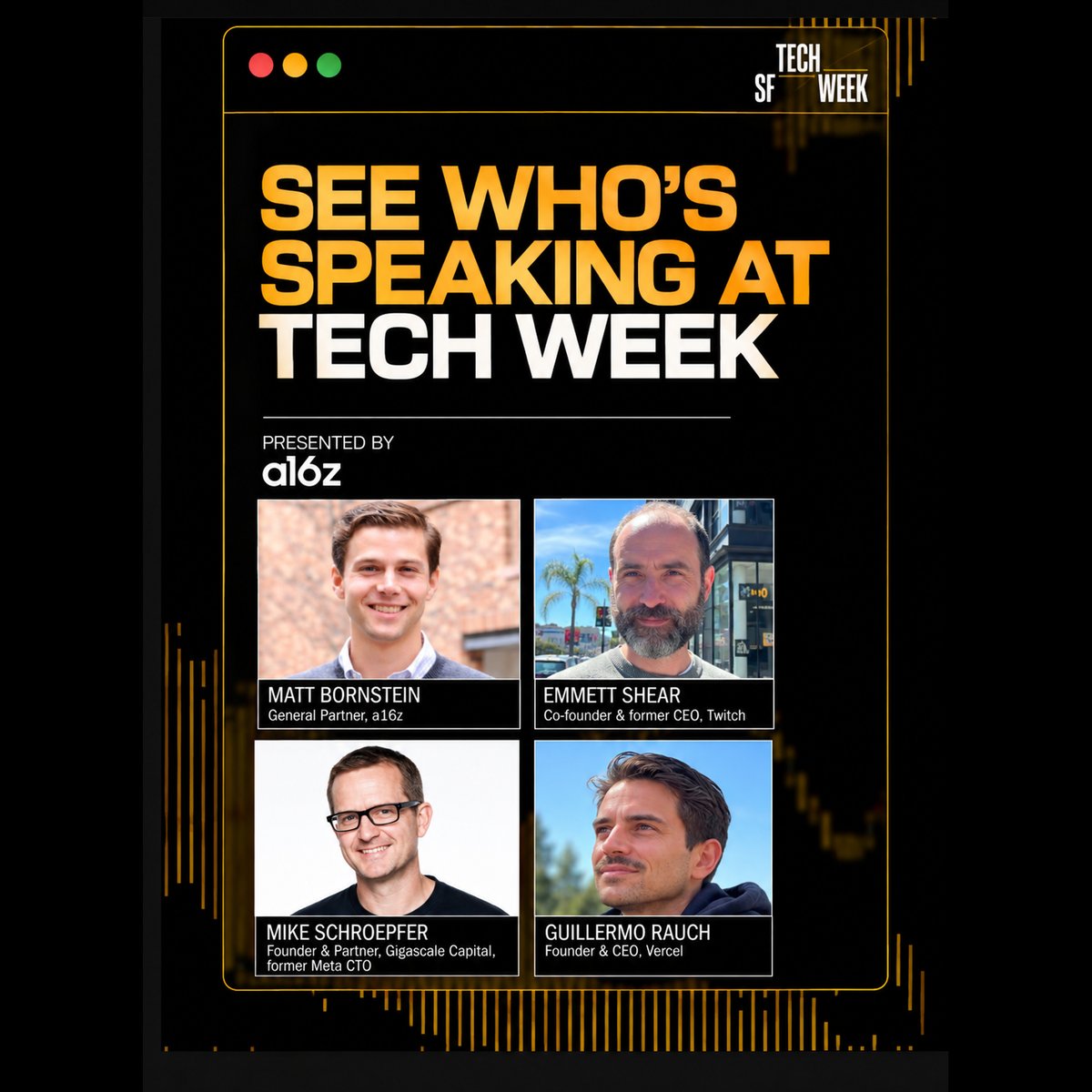 Techweek_'s tweet photo. SF Tech Week is happening now. The biggest names in tech are on stage this week, and you can still get in. Last chance to pick your events and grab your seat.