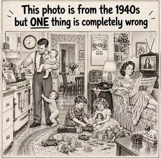 Motivational__G's tweet photo. It seems perfect for 1940, but there's a big, futuristic flaw in this family's home.

​Can you spot the one object that shouldn't exist in that era? https://t.co/JRTMUjEYrv