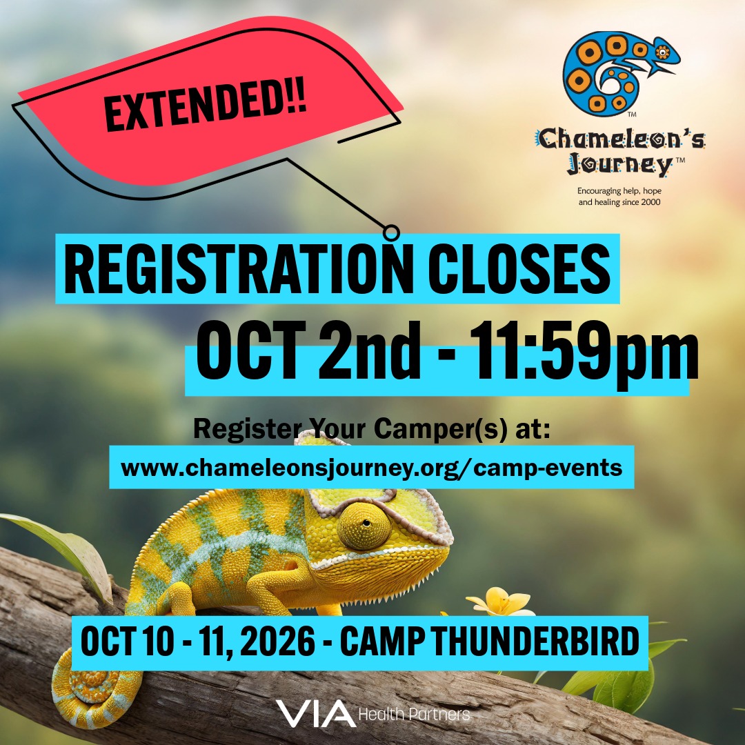 VIAHealthPartnr's tweet photo. 📣 GOOD NEWS! We’ve extended registration!

There’s still time to join us for the Chameleon’s Journey Fall Overnight Grief Camp! 💚

https://t.co/A5seDcRErt

#ChameleonsJourney #GriefCamp #GriefSupport #GrievingKids #YouAreNotAlone #HealingTogether https://t.co/RkKbjSzsmC
