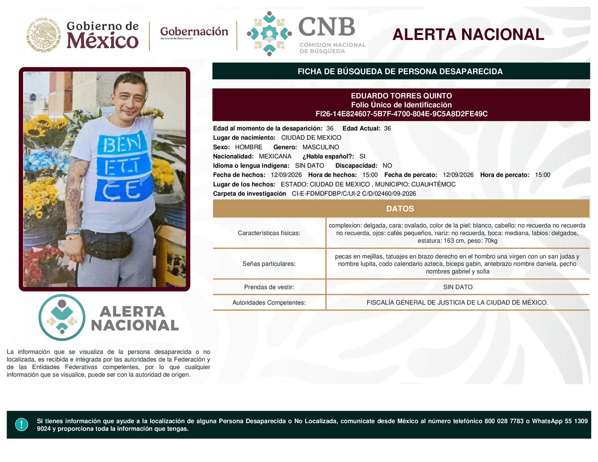 MetroCDMX's tweet photo. Si tienes información para localizar a las siguientes personas: 

- Thiago Said Hernández Manzano
- Ismael Muñoz Coria
- Eduardo Torres Quinto
- Dafne Lucero Cupul Cordero

Comunícate con la Comisión de @Busqueda_MX, mediante el número telefónico:
☎️ 800 028 7783 

Agradecemos tu apoyo y colaboración. #AlertaNacionalDeBúsqueda