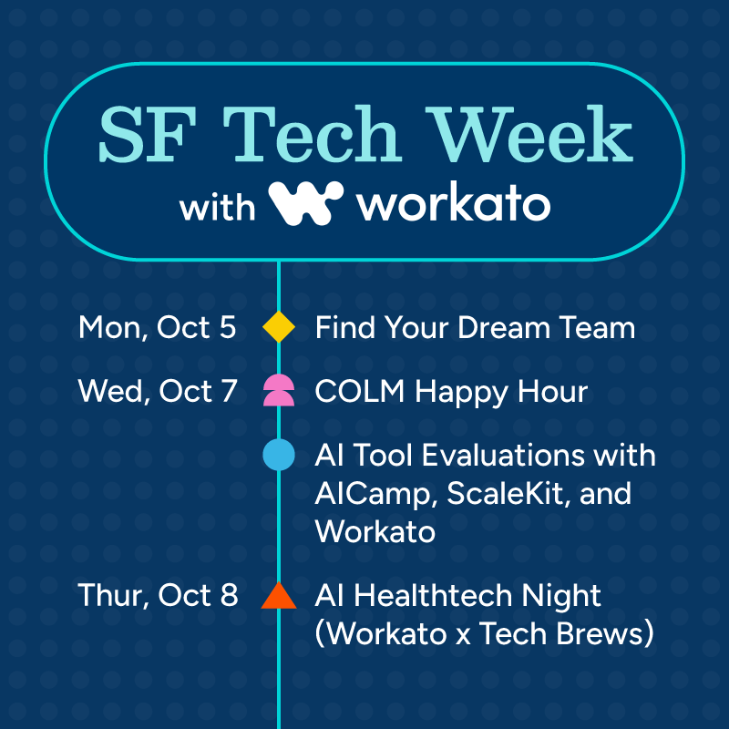 Workato's tweet photo. 4 events, 1 week, all in San Francisco 🌉.

TECH WEEK by a16z is Oct 5-9, and Workato is showing up for builders all week.

📆 Mon, Oct 5 | Speed Pitching: Find Your Dream Team
One minute to pitch yourself or your idea, then meet the people with the skills, capital, or vision you need. Hosted by Serephina Ha (Axci Capital, Founder Institute) and Devinder Sodhi (Learning Layer Labs).

📆 Wed, Oct 7 | AI Tool Evaluations with AICamp, Scalekit, and Workato
Build vs. buy for AI agents, decided by governance. Keynote from Priti Goel (CTO, https://t.co/wR3nsxqdsm), then an exec panel with Adam Seligman (CTO, Workato) and Ravi Madabhushi (Co-founder & CTO, Scalekit), moderated by Nnenna Ndukwe.

📆 Wed, Oct 7 | COLM Happy Hour
Join top AI researchers over drinks and snacks. Hosted in collaboration with the Workato AI Research team, Hanwha AI Center, and Learning Layer Labs.

📆 Thu, Oct 8 | AI Healthtech Night
AI in healthcare is moving from hype to clinical impact. Join founders, clinicians, and builders to discuss how to deploy it safely within clinical workflows. Hosted by Tech Brews, Peninsula Pharmacist Association, and Workato.

Save your spot before they fill up: https://t.co/JvcWGlzEjC #SFTechWeek