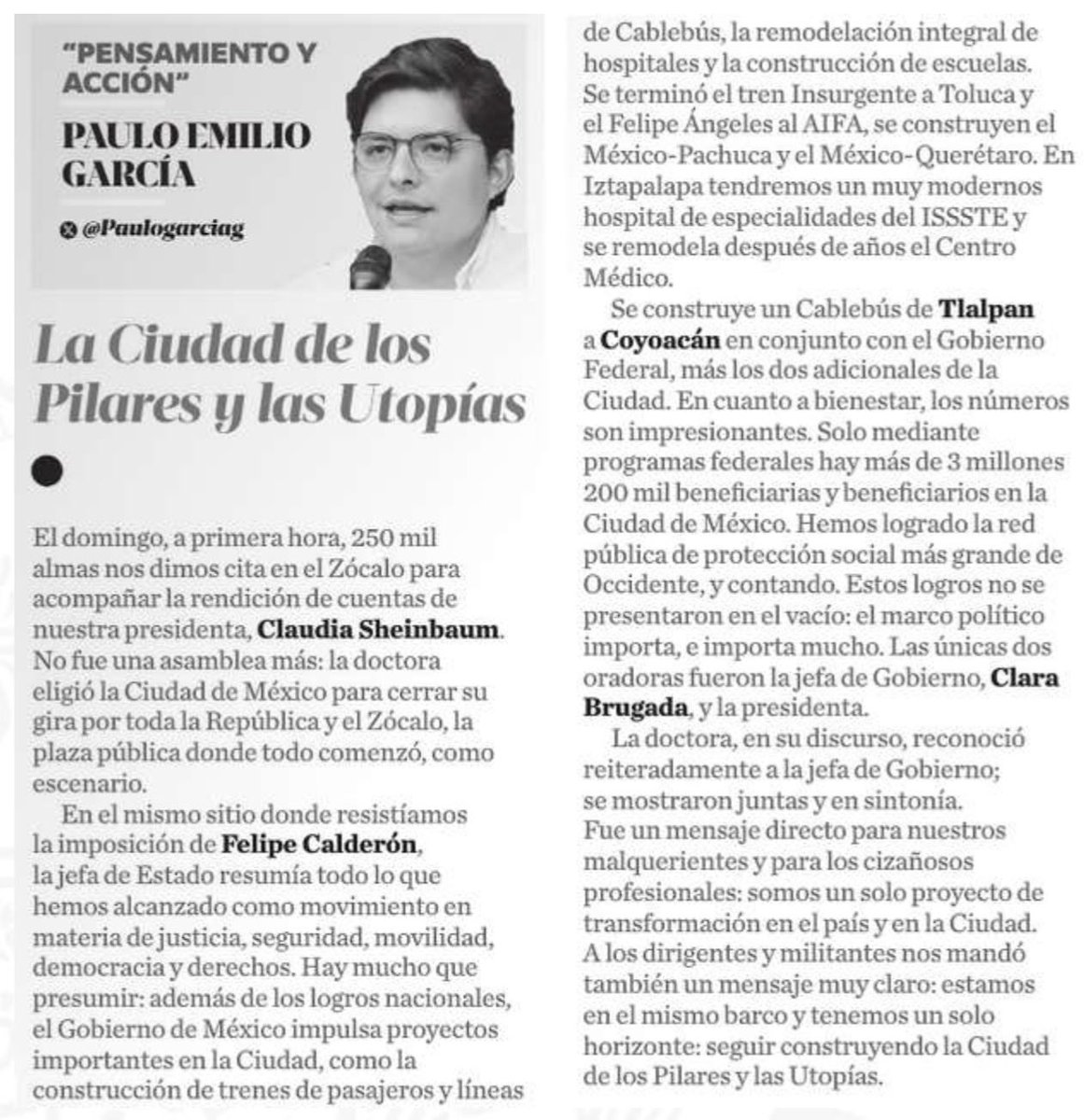 Paulogarciag's tweet photo. El domingo en el zócalo quedó muy claro. En la Ciudad nuestro movimiento tiene un solo proyecto: el de defender la Ciudad de los Pilares y las Utopías.

Martes de pensamiento y acción en @diariobasta. https://t.co/qmbxzb2qKo