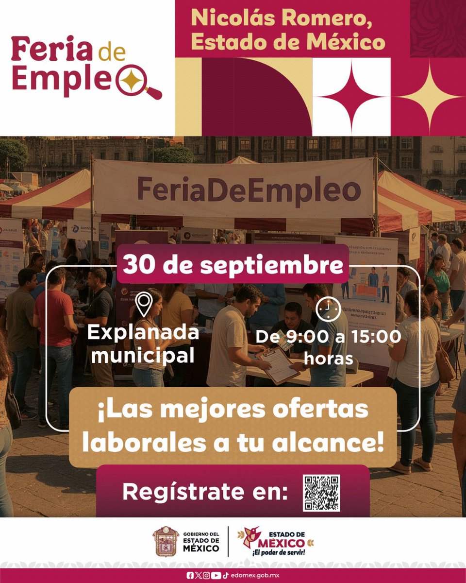 SSDM_Edomex's tweet photo. ¡La Feria de Empleo llega a #NicolásRomero con ofertas laborales más cerca de ti! 

🗓️ 30 de septiembre
⏰9:00 a 15:00 horas
📍Explanada municipal, Nicolás Romero

Regístrate en: https://t.co/rgXNj05rs7 https://t.co/Dahkb9XT11
