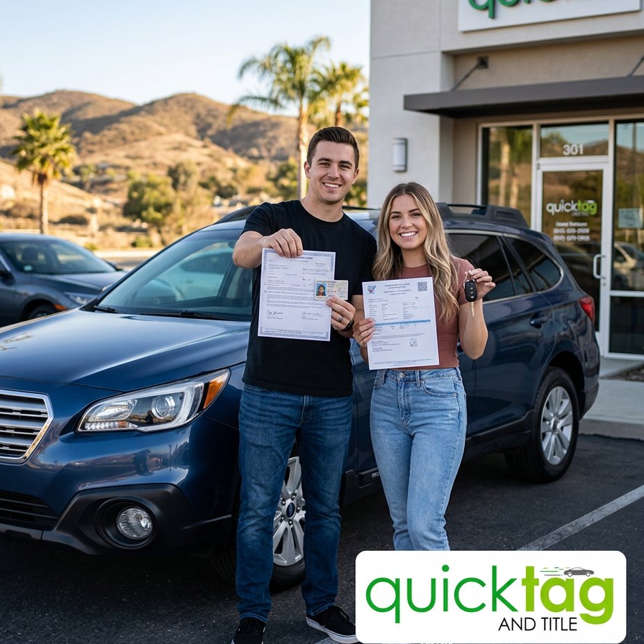 QuickTagnTitle's tweet photo. Buying a used car in Murrieta? Don't let the paperwork stall you. To complete your Title Transfer, you'll need the signed title, a smog certification, and an ID. Bring them to us, and we'll handle the rest on the spot!

#TitleTransfer #Murrieta #CarBuyingTips https://t.co/1UmZFIkNKk