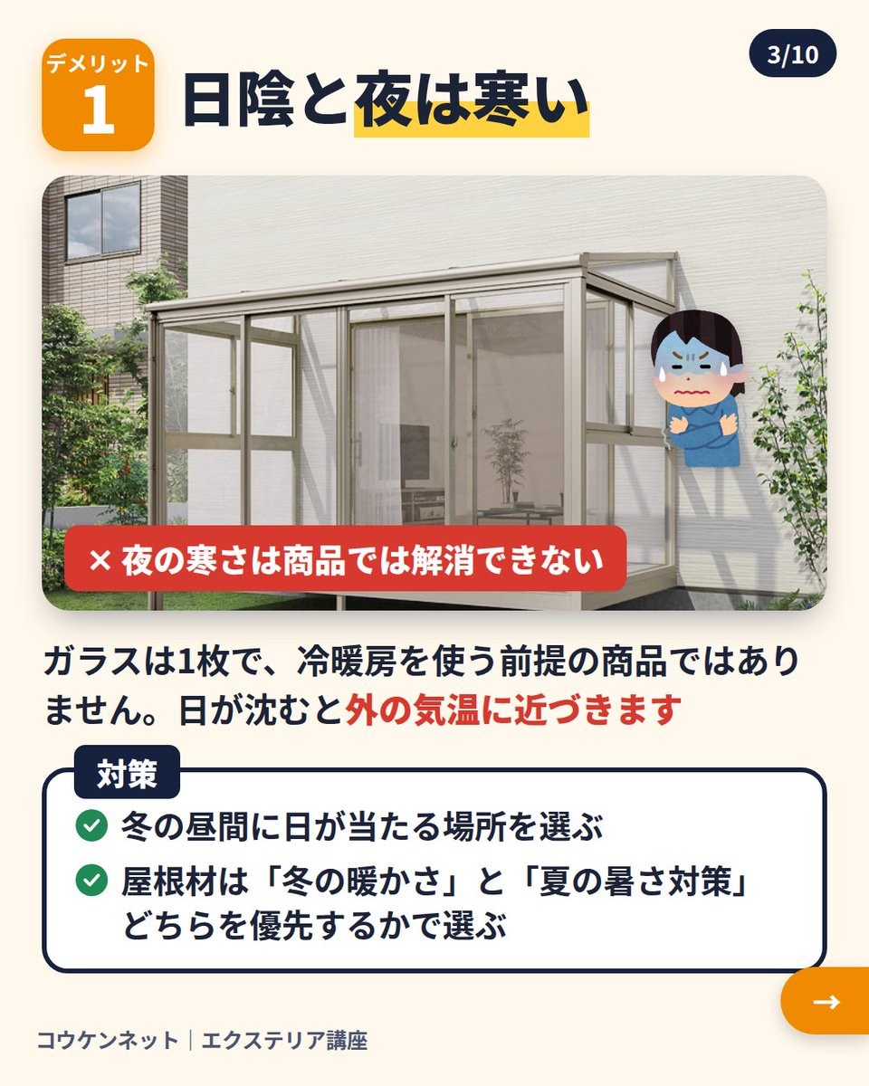 kokennet's tweet photo. サンルームは晴れた昼は暖かくても、日が沈むと外の気温に近づきます。ガラスは1枚で、エアコンを付けても効きは非常に悪い。夜の寒さは、どの商品やオプションでも解消できません。軽くできるのは昼間の暖かさです。
#サンルーム https://t.co/kdgEDpPjWo