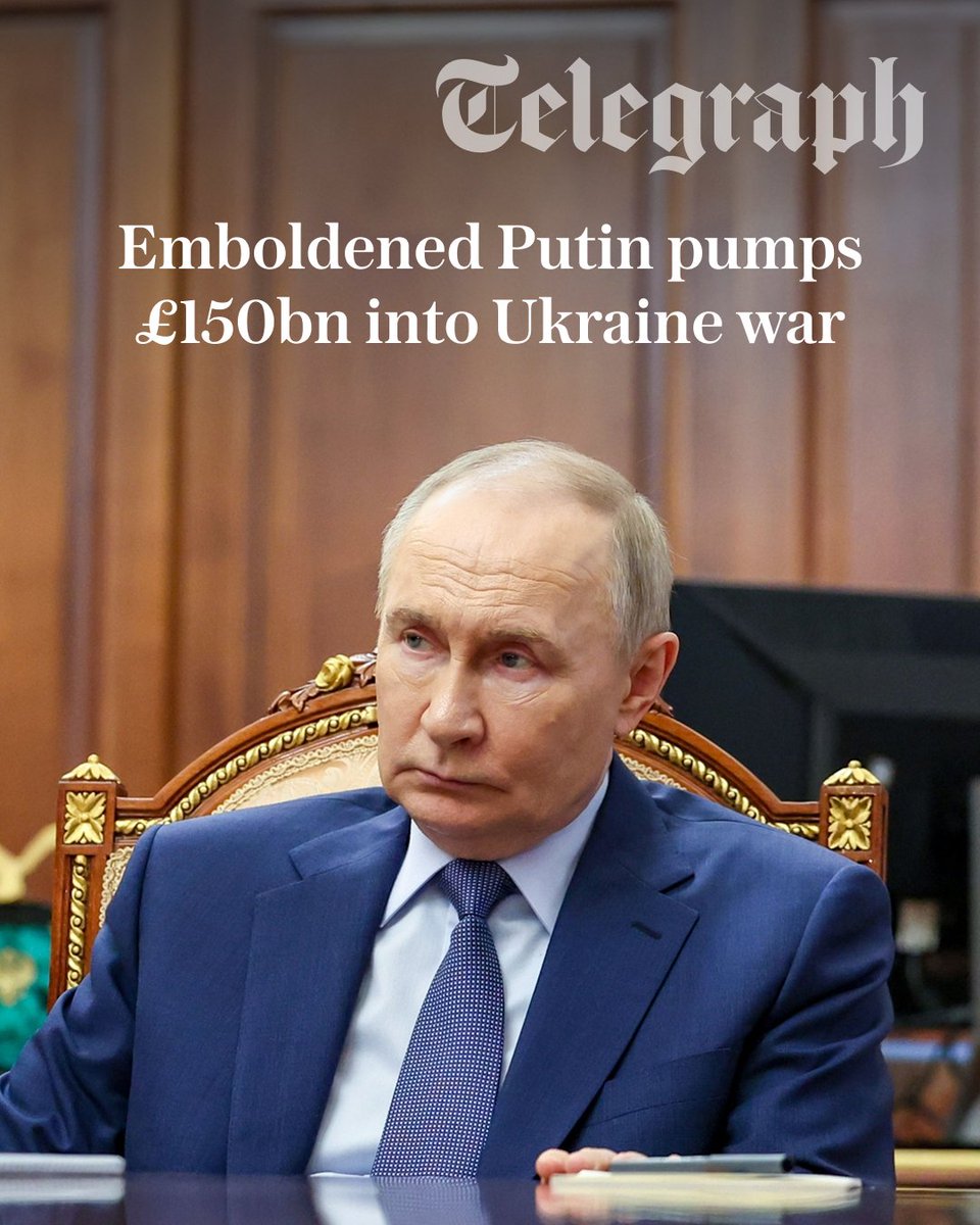 Telegraph's tweet photo. Vladimir Putin is pumping 17.1 trillion roubles (£154bn) into his war effort – a record sum since the invasion of Ukraine began.

🔗:https://t.co/cwxsM6anoH https://t.co/OE8sSmvRNW