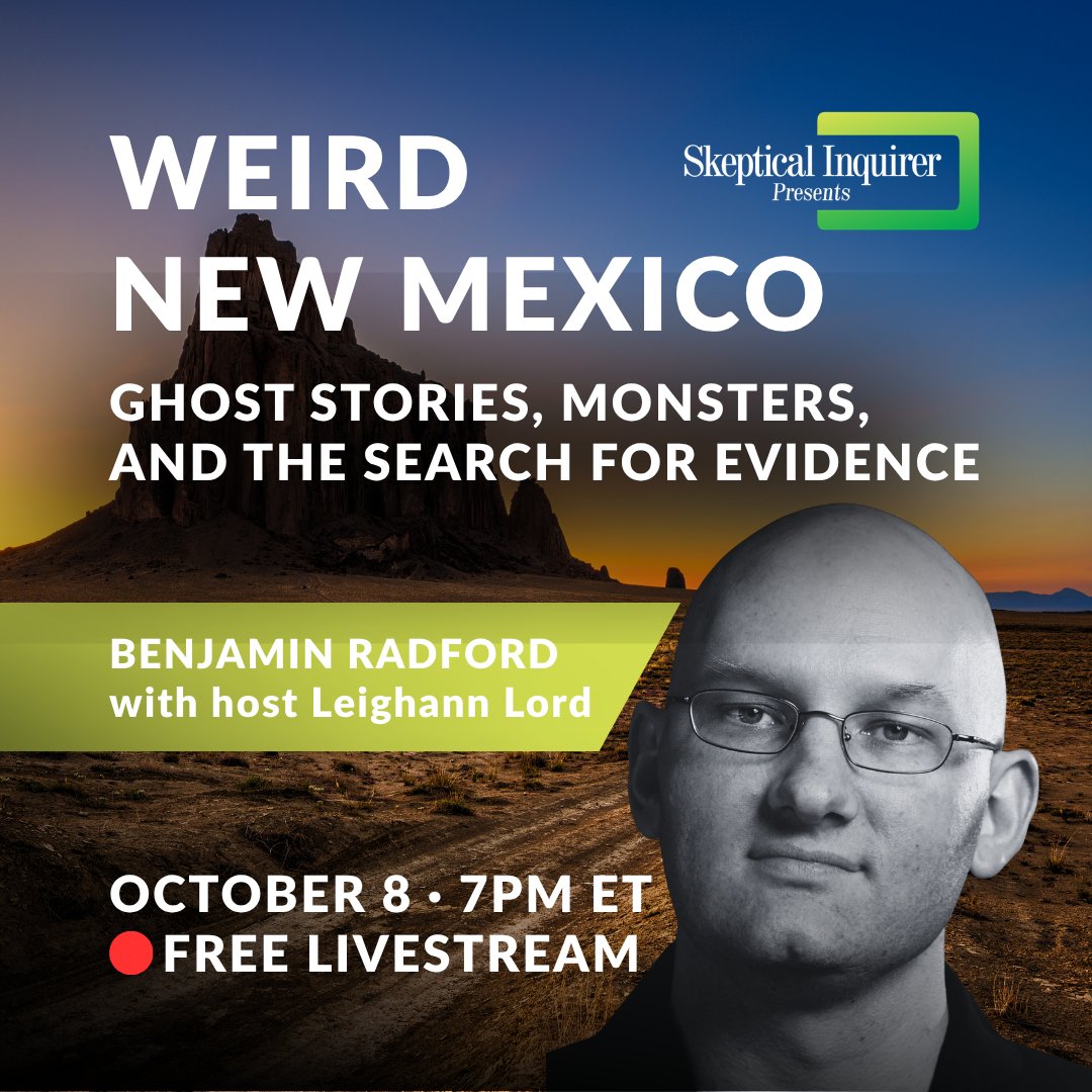 center4inquiry's tweet photo. Roswell has excellent PR. NM’s other strange stories don’t get the same billing, but @BTRadford knows them well. He joins @LeighannLord to talk ghost stories, monster sightings, supposed miracles, and alleged UFO crashes.

@SkeptInquirer Presents • Thurs, Oct 8 • 7pm ET

Watch free:
https://t.co/VNVeUkCTgz