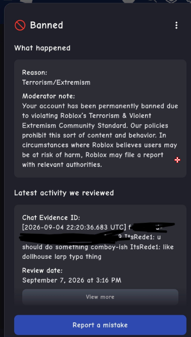 GoatofrivaIs's tweet photo. Ai Ban wave over words that been on the platform for years and were used alot, Roblox gave no warning and banned so many people. The appeal system is ai bots that rejects everything. @RobloxCreators @Roblox @Roblox_RTC  please help all the people affected by this it isn't jst me. https://t.co/N3m7GL7QgP