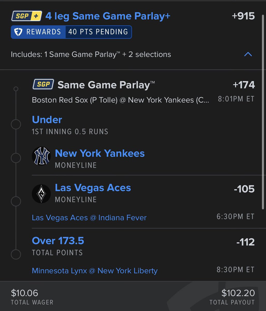 TheBetsGuy's tweet photo. ⚾🏀 Pat Pack – 4 Leg Edition | Sept. 29
🔹 NRFI Red Sox vs Yankees (-166)
🔹 Yankees ML (-132)
🔹 Aces ML (-105)
🔹 Over 173.5 Lynx vs Liberty (-112)
👇👇👇
https://t.co/W2afW4t2M2

📈 +915 Odds
#GamblingX #BettingX #MLBpicks #WNBApicks
@Playbook https://t.co/YXM32v9KPz