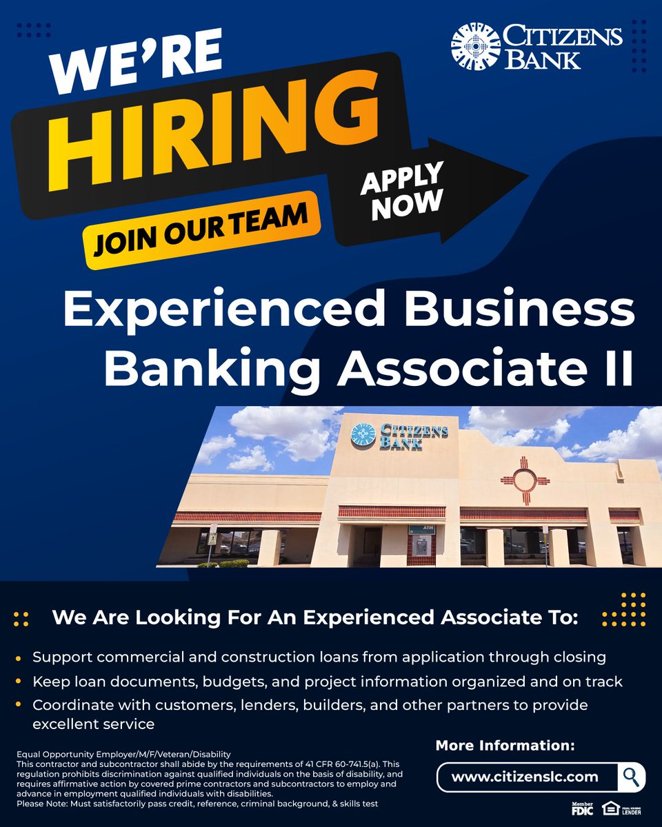 CitizensBankLC's tweet photo. Take your career to the next level! 🚀

Citizens Bank is seeking an Experienced Business Banking Associate to help us grow our commercial lending department and deliver exceptional service to our partners.

Our ideal candidate has banking experience, a background in commercial loan processing, and strong loan coordination skills.

Learn more about the position on our page, and apply through our website!

🔗 https://t.co/Il3zKMSe6U

Citizens Bank is an Equal Opportunity Employer.