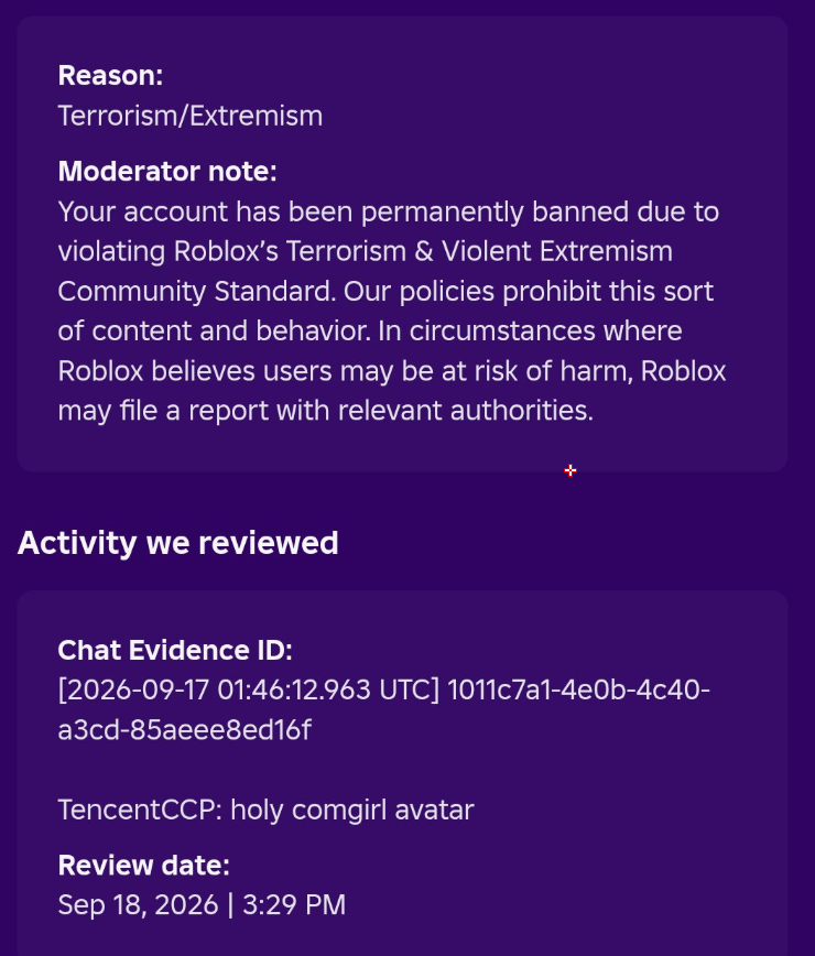 GoatofrivaIs's tweet photo. Ai Ban wave over words that been on the platform for years and were used alot, Roblox gave no warning and banned so many people. The appeal system is ai bots that rejects everything. @RobloxCreators @Roblox @Roblox_RTC  please help all the people affected by this it isn't jst me. https://t.co/N3m7GL7QgP
