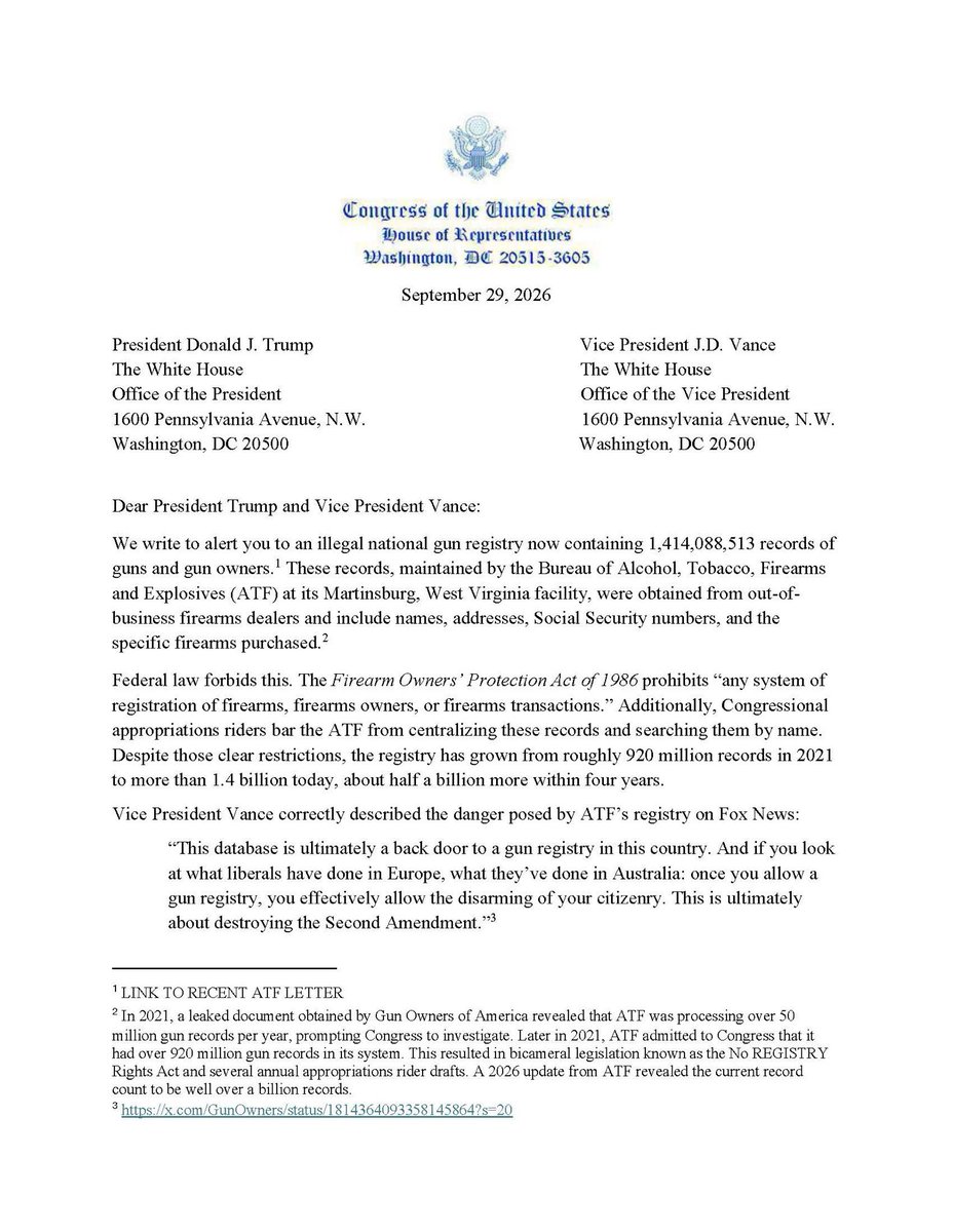 RepMichaelCloud's tweet photo. Today I sent a letter to President Trump and Vice President Vance urging action against ATF’s unlawful gun registry. This database — which has grown to more than 1.4 billion records — was built up over years in violation of the Firearm Owners’ Protection Act of 1986 and longstanding appropriations restrictions. The ATF has no authority to maintain a national registry of guns and gun owners. We are asking the administration to investigate the database, destroy any records kept illegally, and stop its expansion.