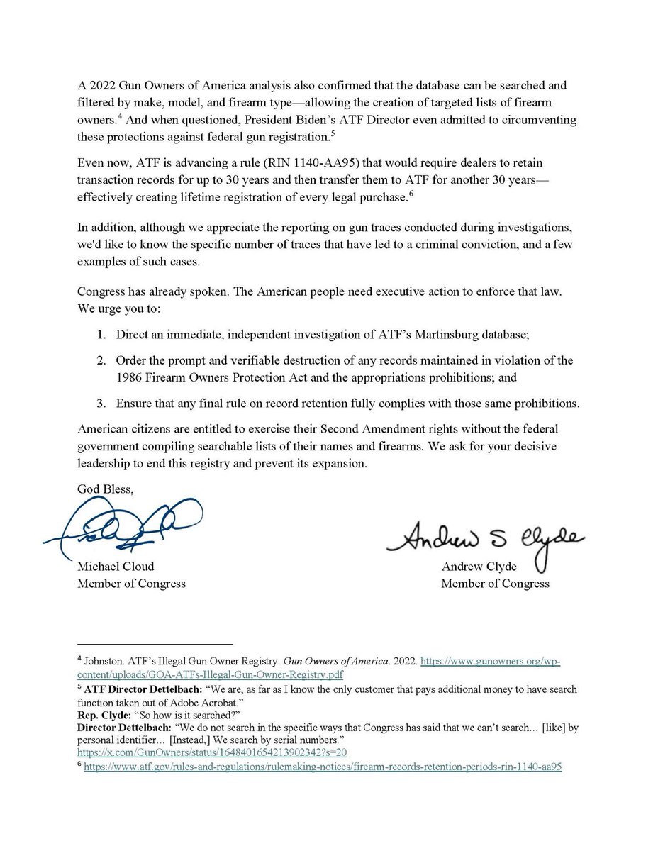 RepMichaelCloud's tweet photo. Today I sent a letter to President Trump and Vice President Vance urging action against ATF’s unlawful gun registry. This database — which has grown to more than 1.4 billion records — was built up over years in violation of the Firearm Owners’ Protection Act of 1986 and longstanding appropriations restrictions. The ATF has no authority to maintain a national registry of guns and gun owners. We are asking the administration to investigate the database, destroy any records kept illegally, and stop its expansion.