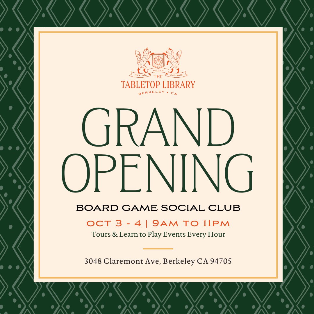nabeel's tweet photo. Hey, so this Saturday you can come to the Grand Opening party for Tabletop Library in Berkeley all day and night. It'll be worth the drive over, you know, if you want.

@BerkeleyTTL is a side quest I've been on with @andrewmason, @tabletopgrl & david c to make a whimsical place that gets us off our phones, playing with each other, and holds board gaming up for the awesomeness that it has become recently. It's been a labor of love where we've also built a dewey decimal system for games, a board game recommender service, used a card catalog from UC Berkeley as the front desk, and a dozen other little details I'd love to show you. 

https://t.co/LrVWzic42M

And after the visit you can go less than a block to the comic shop (escapist) and sci-fi bookstore (dark carnival) in what must now be the nerdiest single block anywhere.
