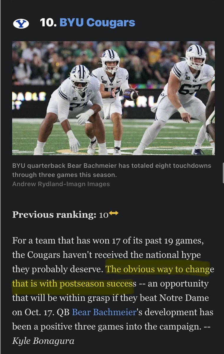 Firstand16_Pod's tweet photo. 2024: BYU dominates Colorado in Alamo Bowl - "Hmm...Maybe BYU should have been ranked higher and considered for the CFP."

2025: BYU beats Georgia Tech in Pop Tarts Bowl - "Wow, BYU looked really good, maybe they should have been in the CFP over one of the SEC teams who lost in the First Round!"

2026: "BYU has won 17 of 19 games, but they need postseason success to really be considered for the CFP"

🤦‍♂️