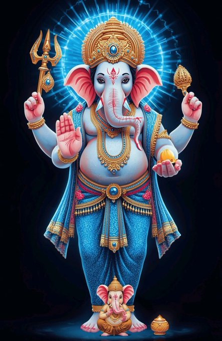 A vibrant digital illustration of Lord Ganesha depicted with blue skin, an ornate golden crown, and four arms holding a trident and other sacred objects, set against a glowing blue aura.