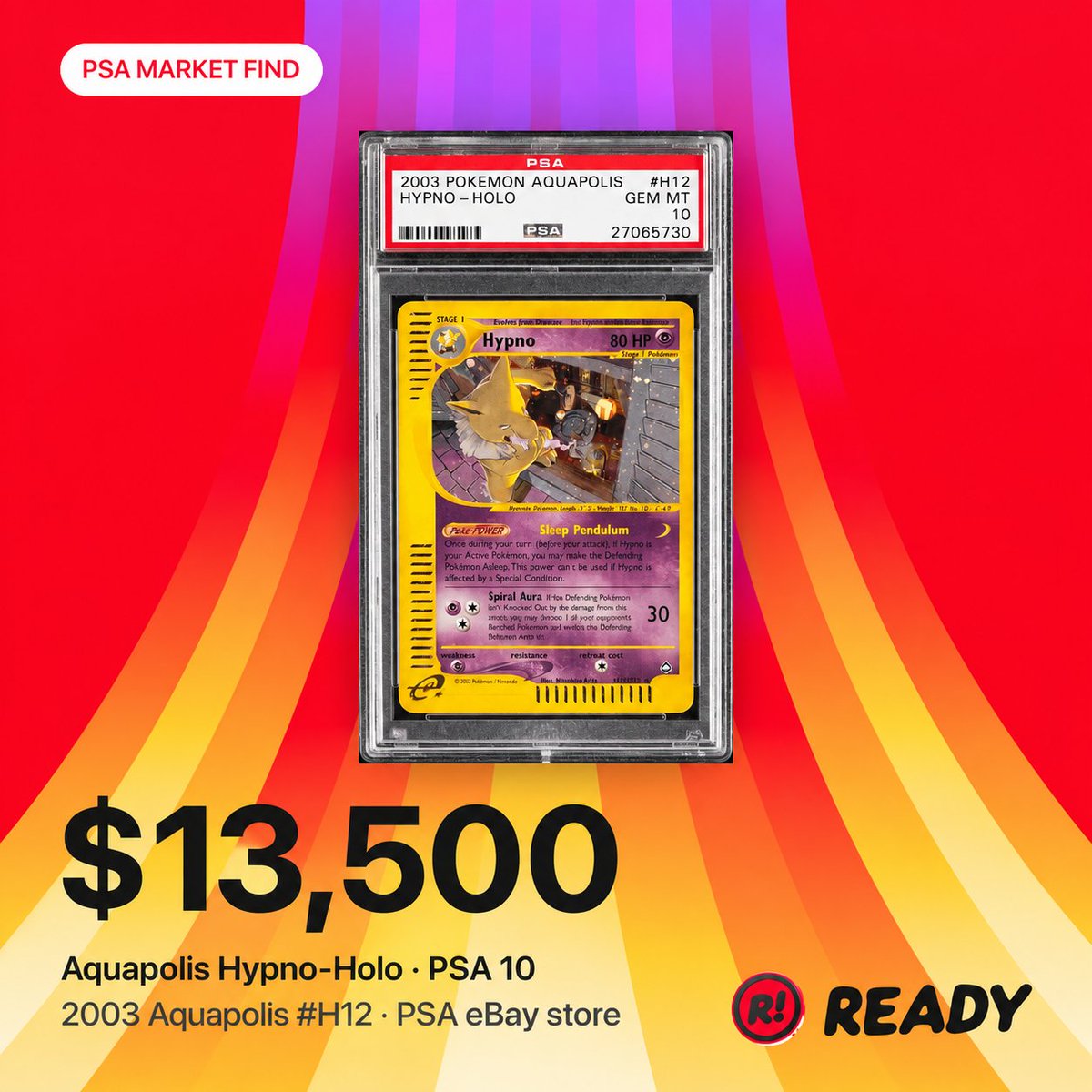 readycards's tweet photo. Our No. 2 chase card is the PSA 10 Aquapolis Muk Holo.

Its fellow Aquapolis Holo, Hypno, is already at $13,500 with less than 3 hours left in PSA's @eBay auction 🔮 https://t.co/uyj9cvrmAv