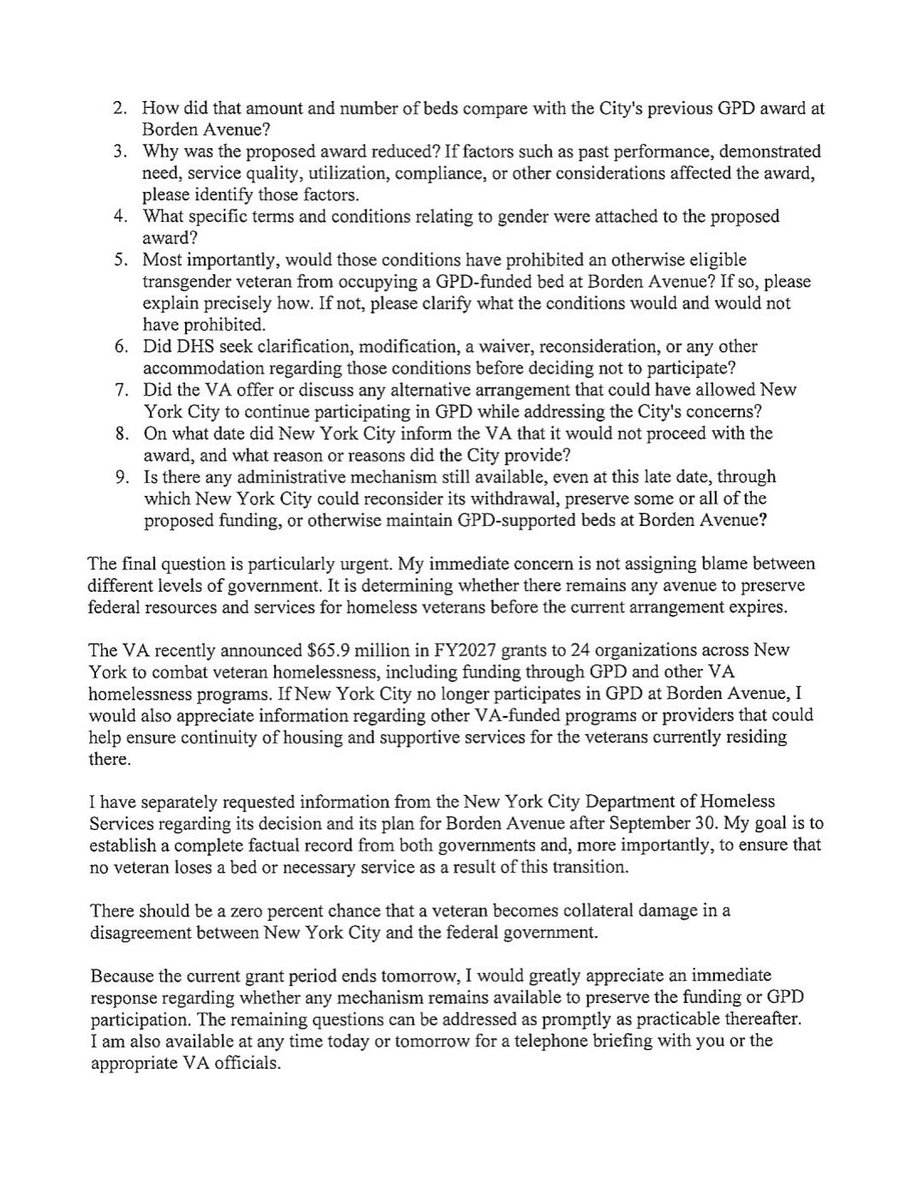 CMFrankMorano's tweet photo. Today, I sent an urgent letter to the U.S. Department of Veterans Affairs seeking answers regarding the impending end of the City’s participation in the VA’s Grant and Per Diem program at the Borden Avenue Veterans Residence in Queens. https://t.co/0OXvCNiMdb