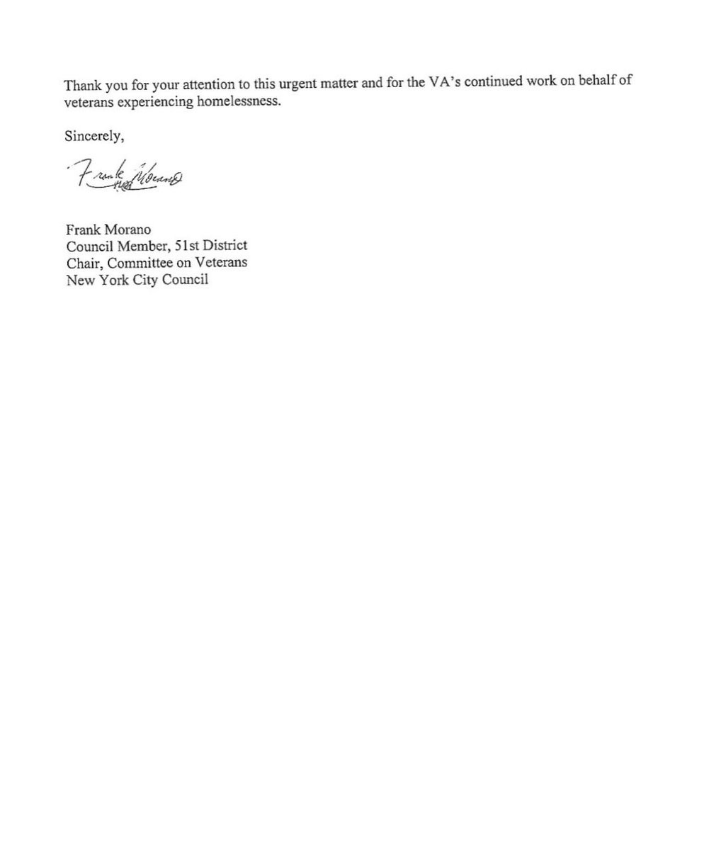 CMFrankMorano's tweet photo. Today, I sent an urgent letter to the U.S. Department of Veterans Affairs seeking answers regarding the impending end of the City’s participation in the VA’s Grant and Per Diem program at the Borden Avenue Veterans Residence in Queens. https://t.co/0OXvCNiMdb
