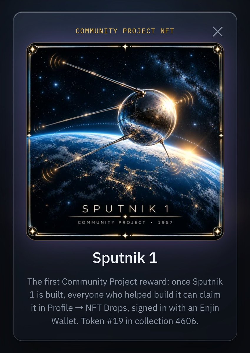 rucadr's tweet photo. 🛰 October 4, 1957: Sputnik 1 reaches orbit.
October 4, 2026: Nucleo players build it together.
Community Projects open Sunday. Every player ships materials to one shared build, and everyone who helps earns a permanent bonus and the Sputnik 1 NFT.
https://t.co/eQzgd3Bubh
#ENJ #NFT #enjin #idle #idlegame