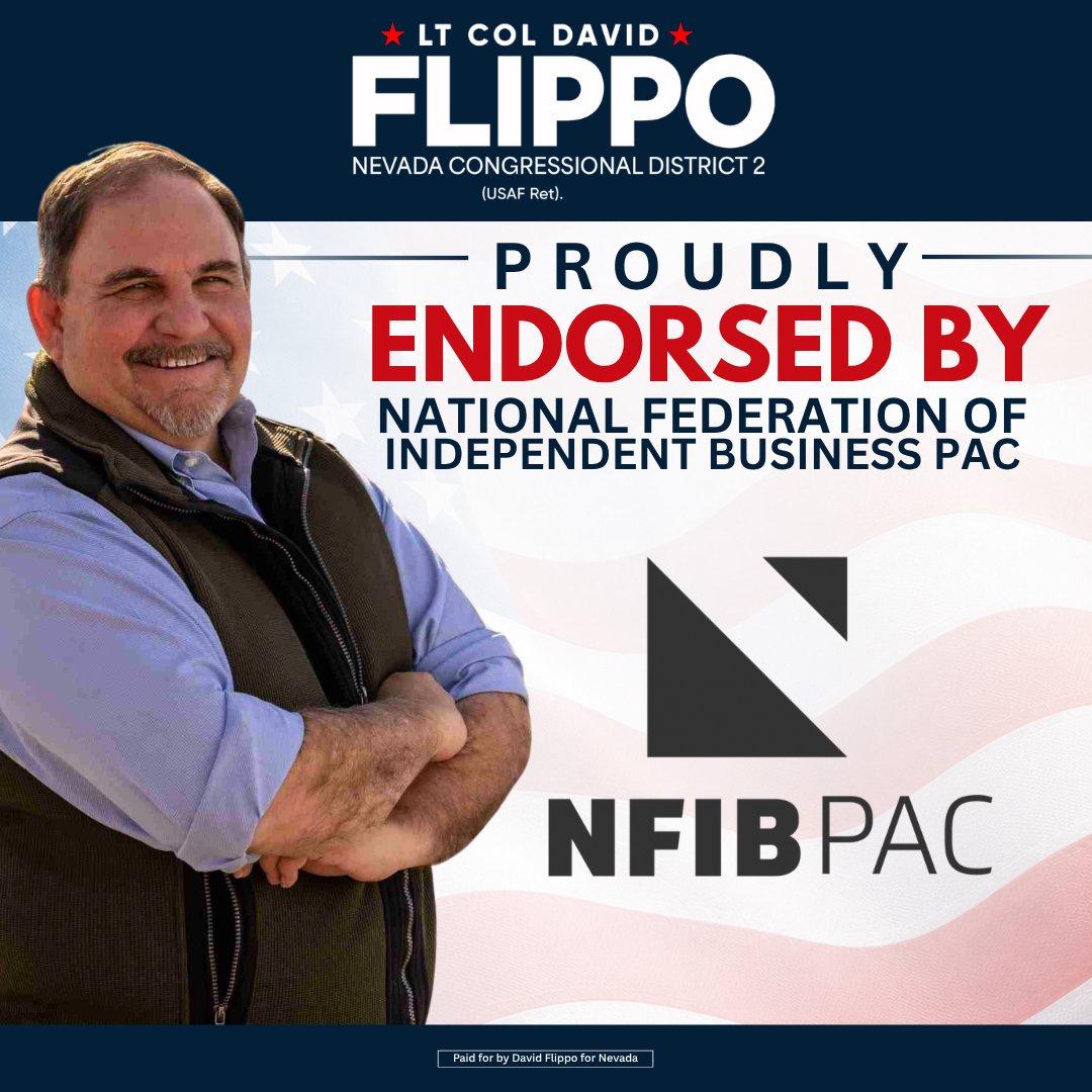 DavidFlippoNV's tweet photo. 🚨 National Federation of Independent Business @NFIB PAC has ENDORSED David Flippo!

NFIB knows that small business is the backbone of our economy, and they know socialism doesn't work! https://t.co/XrbfkS6qON