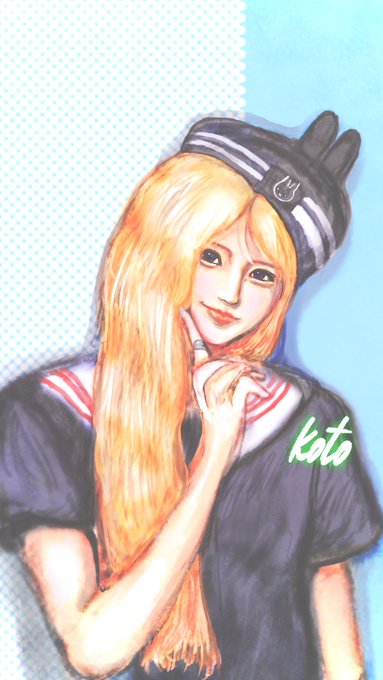 An illustration of a blonde anime-style girl wearing a black hat with bunny ears and a sailor-style school uniform, signed "Koto".